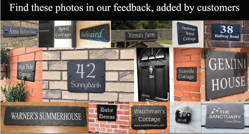 May include: A collage of images showcasing various slate house signs with different names, numbers, and designs. The signs are all black and feature white lettering. Some of the signs include names like "Warner's Summerhouse", "Dulce Domus", and "Watchman's Cottage". Other signs feature numbers like "42" and "38".