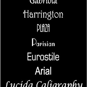 May include: A black and white image showcasing a list of different font names, including Times Roman, Gabrielle, Gabriola, Harrington, PLAZA, Parisian, Eurostile, Arial, Lucida Calligraphy, Monotype Corsiva, and Edwardian Script.