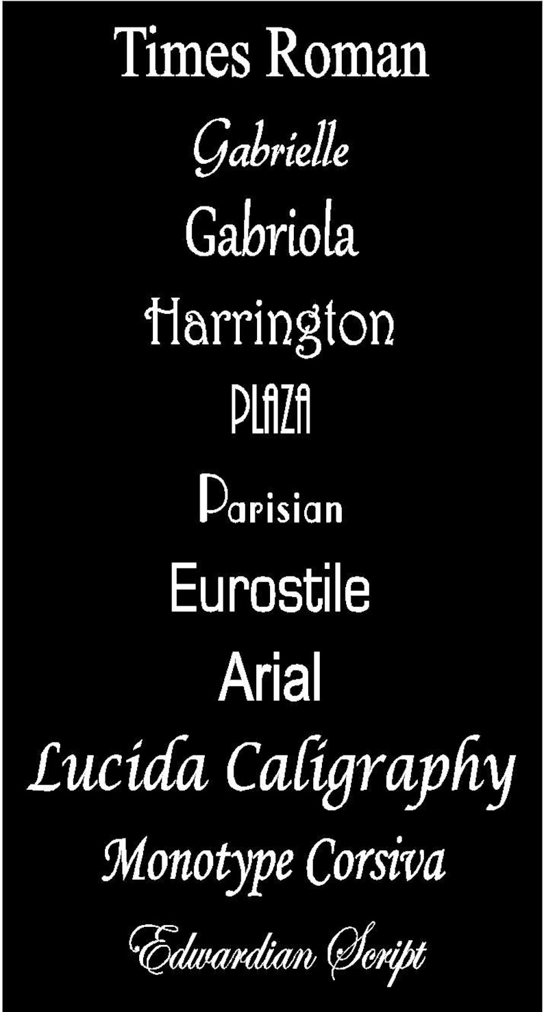 May include: A black and white image showcasing a list of different font names, including Times Roman, Gabrielle, Gabriola, Harrington, PLAZA, Parisian, Eurostile, Arial, Lucida Calligraphy, Monotype Corsiva, and Edwardian Script.