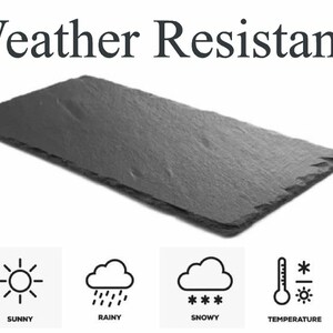 May include: A black slate serving tray, weather resistant, with icons for sunny, rainy, snowy, and temperature.