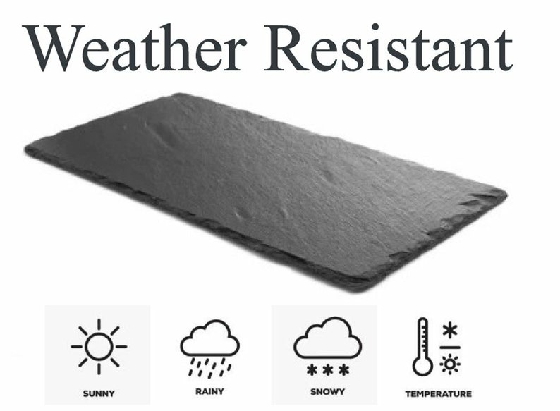 May include: A black slate serving tray, weather resistant, with icons for sunny, rainy, snowy, and temperature.