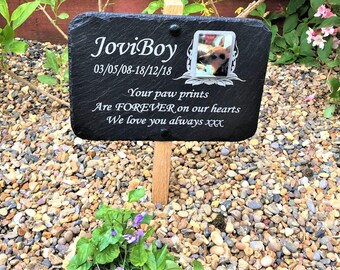 Placa conmemorativa para tumba con foto de mascota de pizarra de 23 cm x 16 cm con estaca de roble opcional