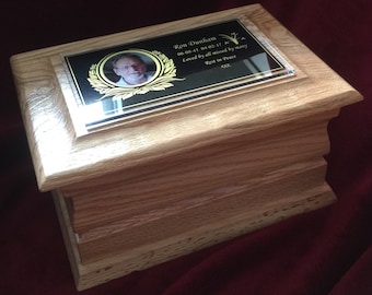 Oak Wooden Funeral Urns for Ashes/Adult Casket Made to Order Memorial Plaque. WORLDWIDE DELIVERY