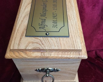 Solid Natural Oak Wood Funeral Cremation Ashes Urn Casket, With End Rings & Personalised Plaque. WORLDWIDE DELIVERY