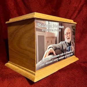 Oak Wood Cremation Ashes Urn Adult Size Casket with Personalised Side. WORLDWIDE DELIVERY