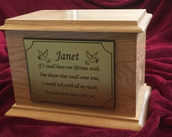 Solid Natural Oak Wood Funeral Cremation Ashes Urn Casket & Personalised Plaque. WORLDWIDE DELIVERY
