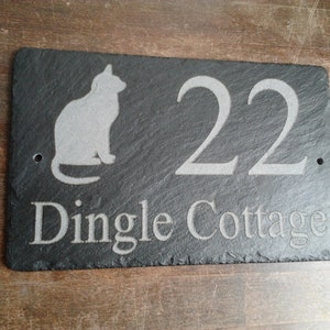 28cm x 18cm Natural Slate House Sign, Number and Cat Silhouette Made to your requirements