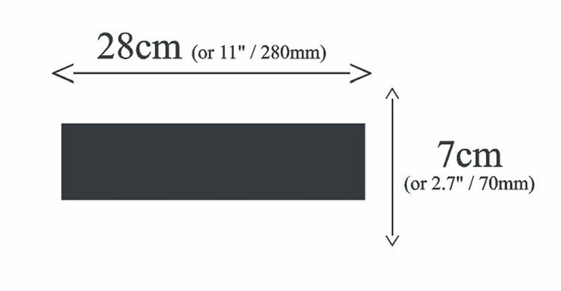 May include: A black rectangular object with dimensions of 28 inches by 2.7 inches. The object is labeled with the measurements in centimeters and millimeters.