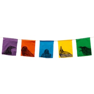 May include: Five colorful fabric flags with black crow silhouettes printed on them. The flags are strung together with a white string and are hanging against a white background.