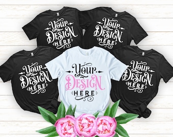 Bachelorette Mockup, Peony Bridal Party Tshirt, Bella Canvas 3001, Group Tshirts, Black & White, Multiple Tshirts Mockup, Flat lay mockup