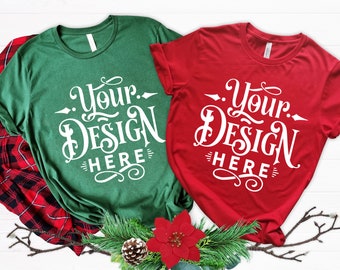 Christmas Couple T-shirt Mockup, Red & Green T-shirt, Bella Canvas 3001, Family Mockup, Winter Mockup, Mockup Shirt Designs,  Flat lay