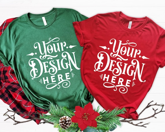 Christmas Couple T-shirt Mockup, Red Green T-shirt, Bella Canvas - Main Image