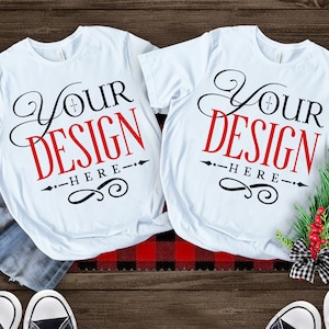 Christmas Couple T-shirt Mockup, White T-shirt, Bella Canvas 3001, Family Mockup, Winter Mockup, Mockup Shirt Designs, Flat lay