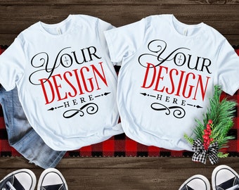 Christmas Couple T-shirt Mockup, White T-shirt, Bella Canvas 3001, Family Mockup, Winter Mockup, Mockup Shirt Designs, Flat lay