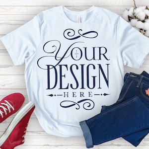 Fall T-shirt Mockup, White T-shirt Mockup, Bella Canvas 3001, Autumn Mockup, Mockup Shirt Designs, Fall Themed Mockup, Flat lay mockup
