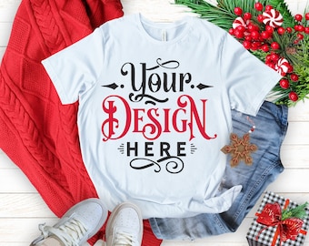 Red Christmas T-shirt mockup, White T-shirt Mockup, Bella Canvas 3001, Plain Shirt Mockup, Mockup Shirt Designs, Flat lay mockup