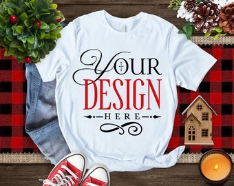 Red Christmas T-shirt mockup, White T-shirt Mockup, Bella Canvas 3001, Plain Shirt Mockup, Mockup Shirt Designs, Flat lay mockup