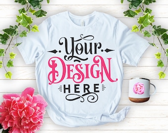 Peony Tshirt Mockup, White T-shirt Mockup, Bella Canvas 3001, Peony Mockup Shirt Designs, Mockup Tshirt, Tshirt, Flat lay mockup