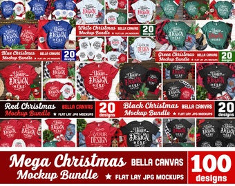 Christmas Mockup Mega Bundle, 100 Christmas mockups, Bella Canvas 3001, Plain Shirt Mockup, T-shirt Bundle, Flat lay mockup