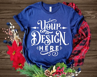 Christmas T-shirt Mockup, Blue T-shirt Mockup, Bella Canvas 3001, Winter T Shirt Mockup, Mockup Shirt Designs, T-shirt, Flat lay mockup