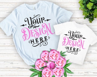 Mommy and Me Mockup,  Peony Tshirt, Bella Canvas 3001, Peony Tshirts Mockup, Peony White T-shirt, Year Round Style, Flat lay mockup