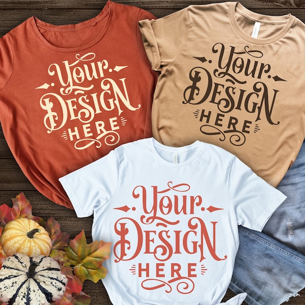 Fall T-shirt Mockup, Group of 3 T-shirt Mockup, Bella Canvas 3001, Autumn Mockup, Mockup Shirt Designs, Fall Themed Mockup, Flat lay mockup