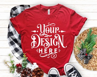 Christmas T-shirt Mockup, Red T-shirt Mockup, Bella Canvas 3001, Winter T Shirt Mockup, Mockup Shirt Designs, Tshirt, Flat lay mockup