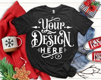 Christmas T-shirt Mockup, Black T-shirt Mockup, Bella Canvas 3001, Winter T Shirt Mockup, Mockup Shirt Designs, Tshirt, Flat lay mockup