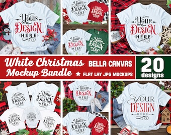 White T-shirt Christmas Mockup Bundle, 20 Christmas mockups, Bella Canvas 3001, Plain Shirt Mockup, T-shirt Bundle, Family, Flat lay mockup