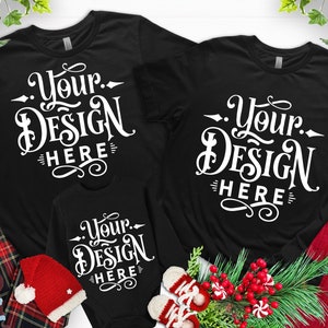 Family Christmas Mockup, Family of 3 Christmas Mockup, Bella Canvas 3001, Black Bodysuit, Mockup Shirt Designs,  Flat lay