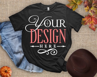 Fall T-shirt Mockup, Black T-shirt Mockup, Bella Canvas 3001, Autumn Mockup, Mockup Shirt Designs, Fall Themed Mockup, Flat lay mockup