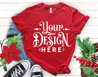 Christmas T-shirt Mockup, Red T-shirt Mockup, Bella Canvas 3001, Winter T Shirt Mockup, Mockup Shirt Designs, Tshirt, Flat lay mockup