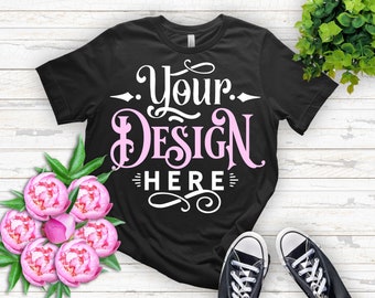 Peony Tshirt Mockup, Black T-shirt Mockup, Bella Canvas 3001, Peony Mockup Shirt Designs, Mockup Tshirt, Tshirt, Flat lay mockup