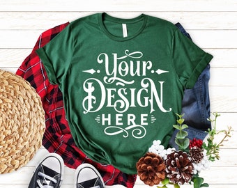 Christmas T-shirt Mockup, Green T-shirt Mockup, Bella Canvas 3001, Winter T Shirt Mockup, Mockup Shirt Designs, T-shirt, Flat lay mockup