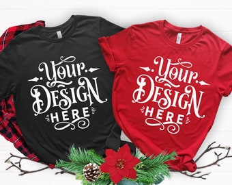 Double Christmas Mockup, Black & Red T-shirt Mockup, Bella Canvas 3001, Winter Mockup, Mockup Shirt Designs, Tshirt, Flat lay mockup