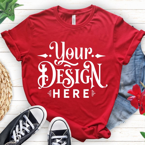 Tshirt Mockup, Red T-shirt Mockup, Bella Canvas 3001, Plain Shirt Mockup, Mockup Shirt Designs, Mockup Tshirt, Tshirt, Flat lay mockup