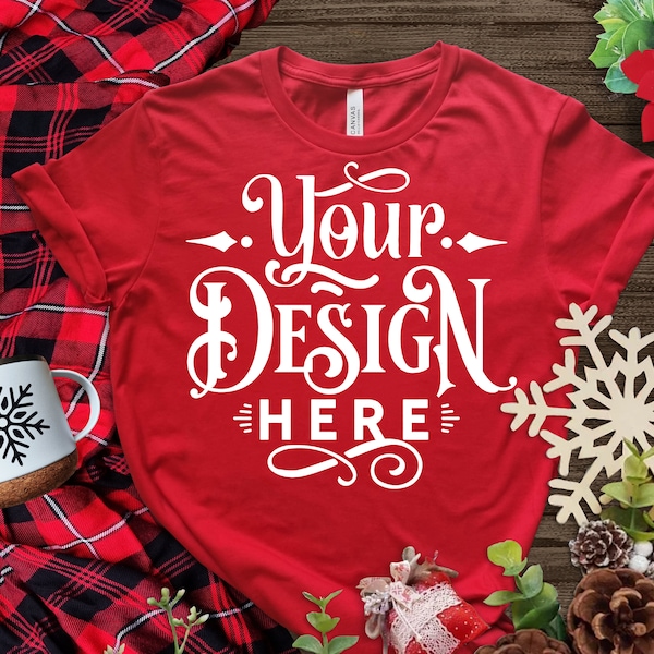 Christmas T-shirt Mockup, Red T-shirt Mockup, Bella Canvas 3001, Winter T Shirt Mockup, Mockup Shirt Designs, Tshirt, Flat lay mockup