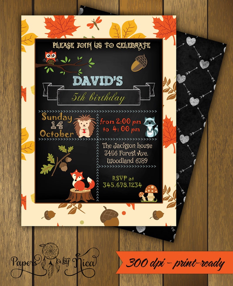 Chalkboard Birthday Invitation Woodland Theme Chalkboard and Etsy