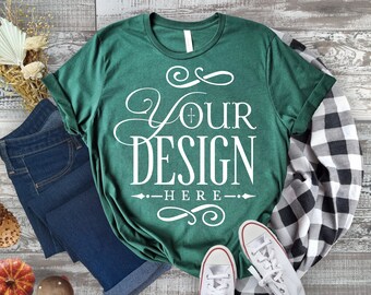 Fall T-shirt Mockup, Green T-shirt Mockup, Bella Canvas 3001, Autumn Mockup, Mockup Shirt Designs, Fall Themed Mockup, Flat lay mockup