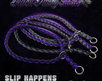 May include: Three braided paracord slip collars featuring purple, black, and grey colour combinations. Each collar includes a circular metal ring at the end. The text Black Dawg Studio, SLIP HAPPENS, and Paracord Slip Collar is visible.