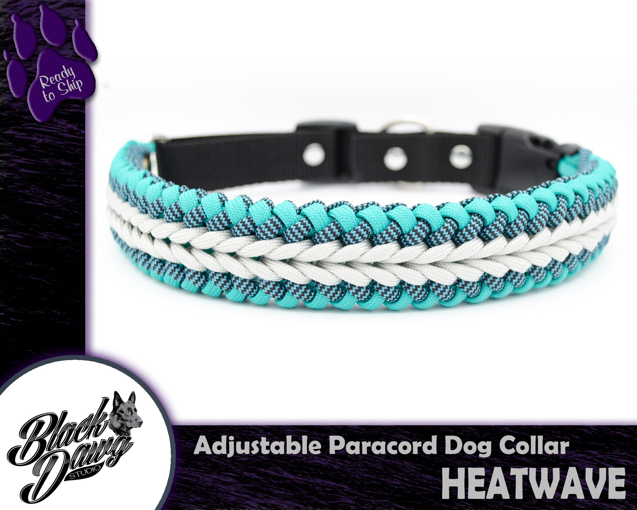 Heatwave Design 20-22-inch Adjustable Paracord Dog Collar Teal