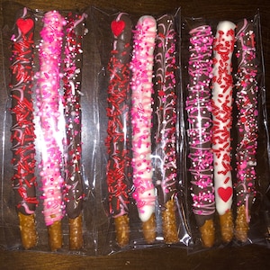 3 chocolate pretzel sticks, treats snack table, holiday party favors ideas, chocolate dipped pretzel rod, birthday party, 3 pack
