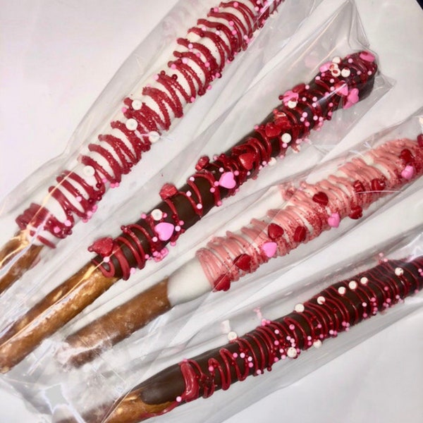 chocolate dipped pretzel sticks for party, thank you gift, classroom gifts, parties, events, bulk snacks, treat table, Valentine’s Day treat