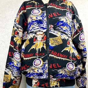 VTG 80s Unisex Carol Horn Workshop Bomber Jacket Zip Front Novelty Travel 100% Silk Size Small