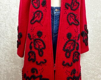 Vintage Kenar Red Wool, Hand Embroidered, Long Cardigan, Zip Front Knit Womens M