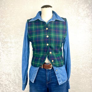 Vintage Liz Sport Wool Tartan Plaid Vest Petite 4 FLAW