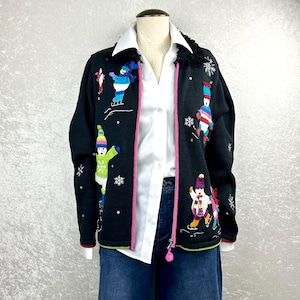 VTG Snowman IceSkate Black Christmas Cardigan Sweater Karen Scott Sport Petite PS