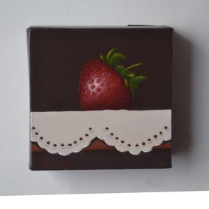 Original small still life painting, red strawberry painting, tiny kitchen, fruit artwork, food miniature, strawberry, cloth, berry art