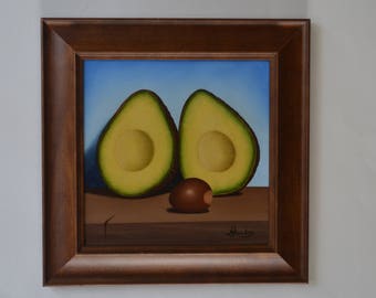 Acrylic 8x8' avocado painting, small still life painting, kitchen painting, tiny fruit painting, vegetable painting, food artwork, miniature