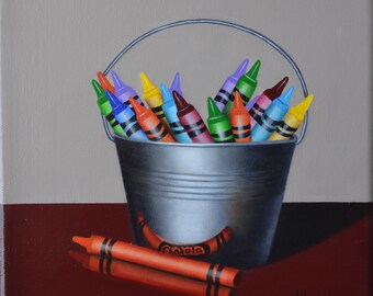 Crayons Still Life Painting - Miniature Acrylic Art, Kids Room Decor
